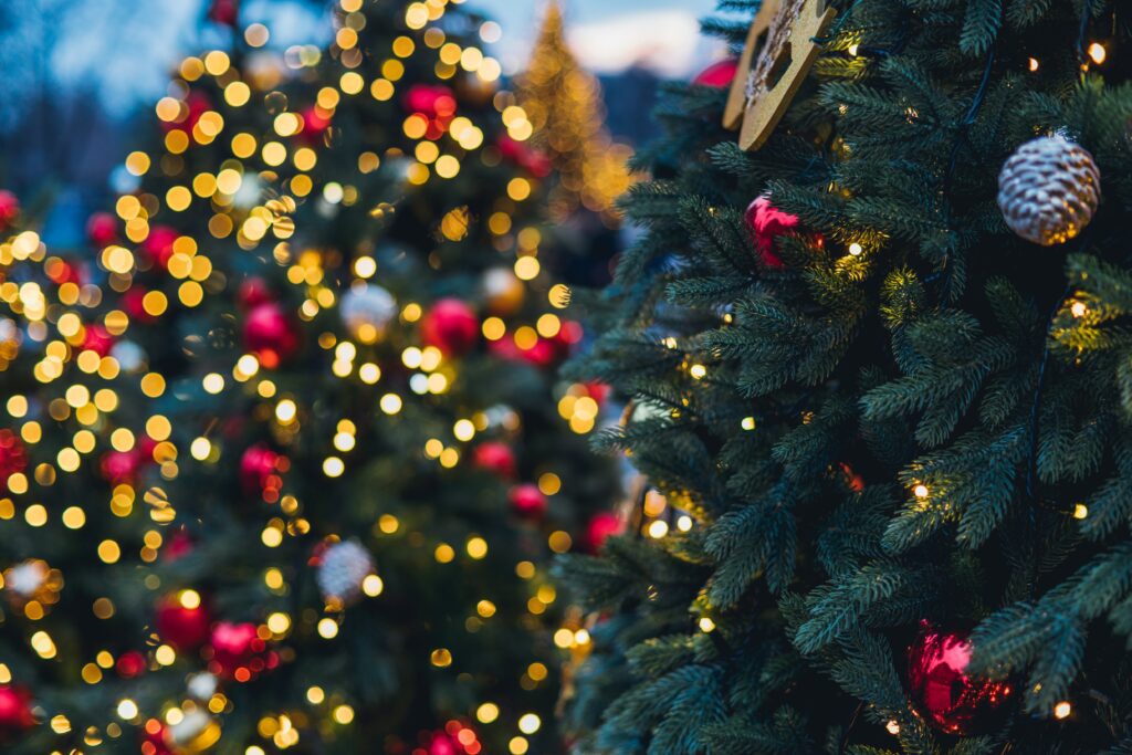 Warm Christmas lights and ornaments