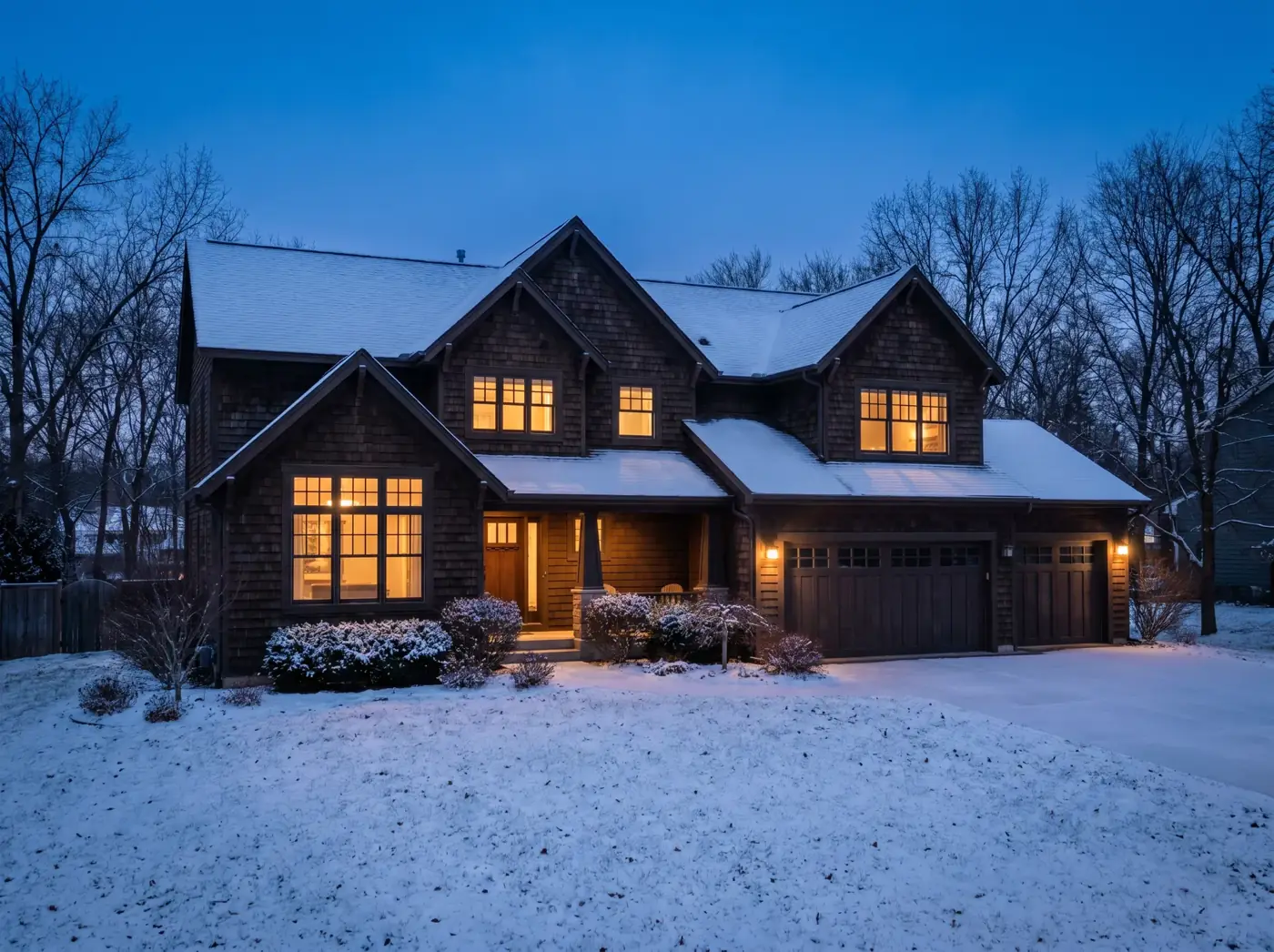Illustrative large home with Christmas lights