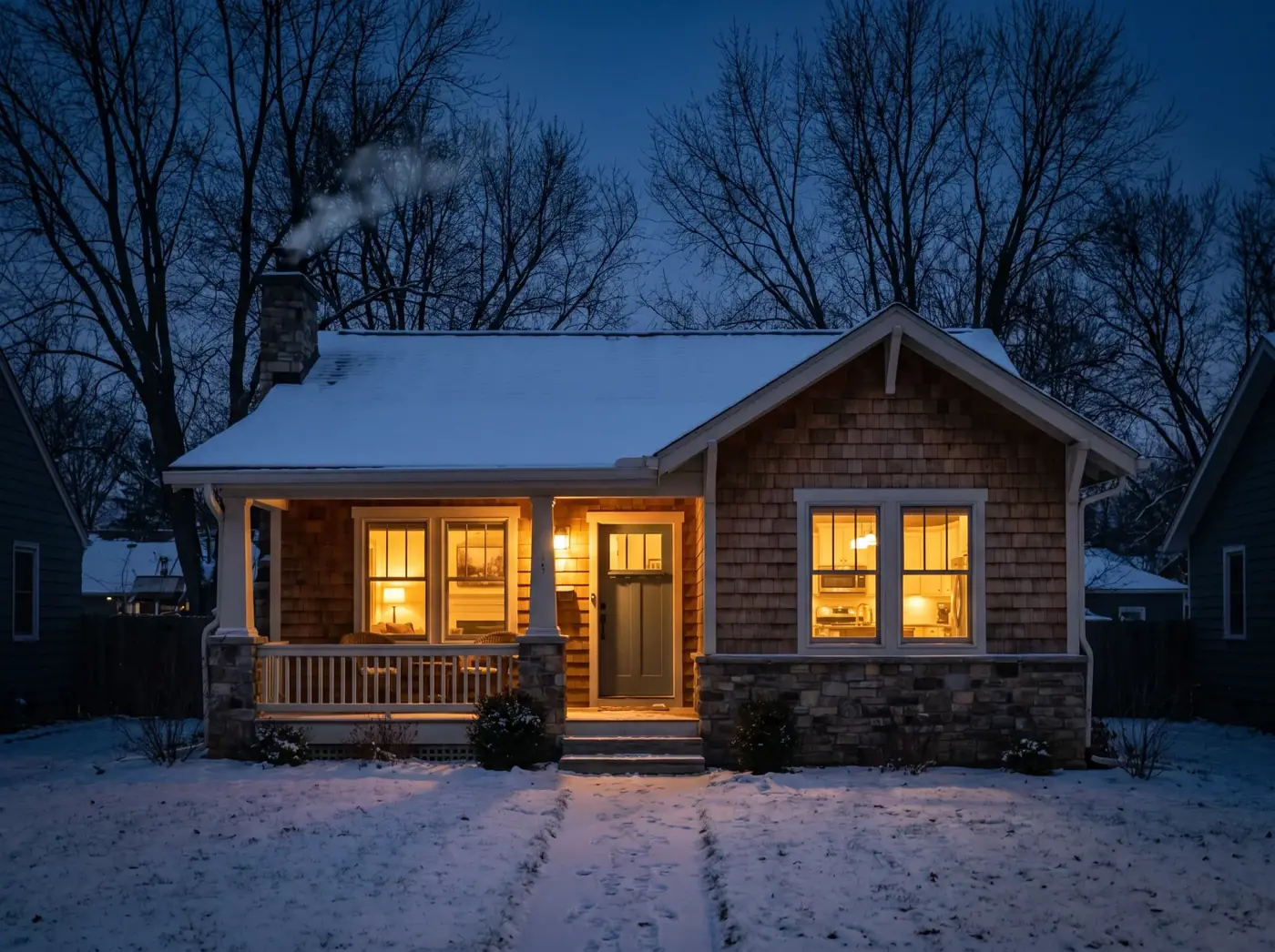 Illustrative small home with Christmas lights